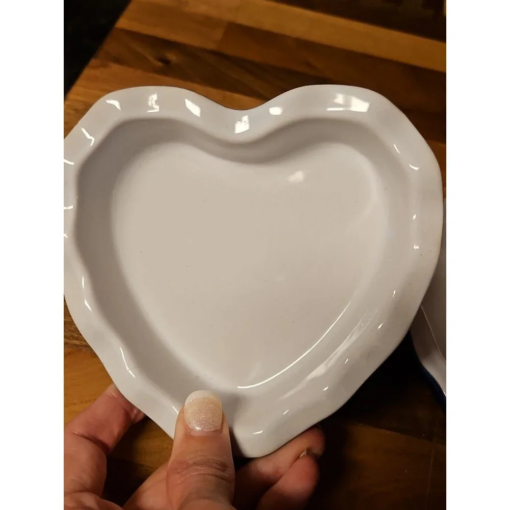 Set Of 2 Emile Henry Fluted Edge Heart Shaped Blue & White Baking Dishes #6149